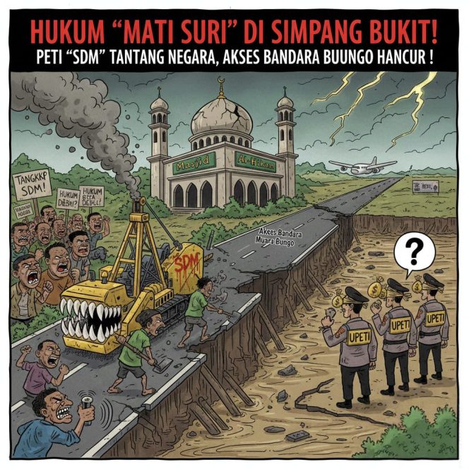 
					Aktivitas PETI di Simpang Bukit Bungo Menantang Hukum: Lingkungan Rusak, Akses Bandara Terancam, Penegak Hukum Mandul?