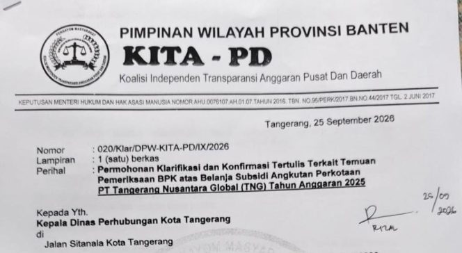 
					LSM KITA-PD Desak Klarifikasi Dishub Kota Tangerang Terkait Temuan BPK pada Subsidi PT TNG Rp42 Miliar